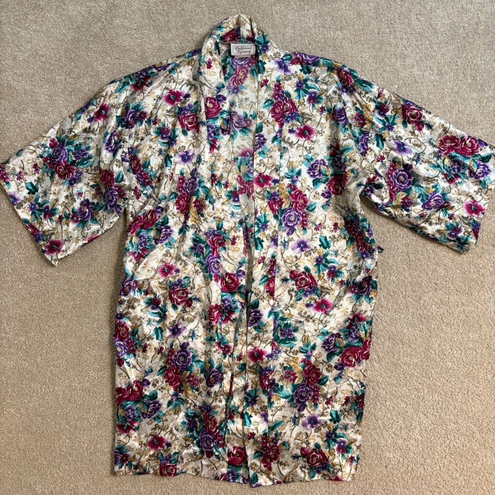 Vintage California Dynasty Floral Kimono Robe Open Front Duster Medium